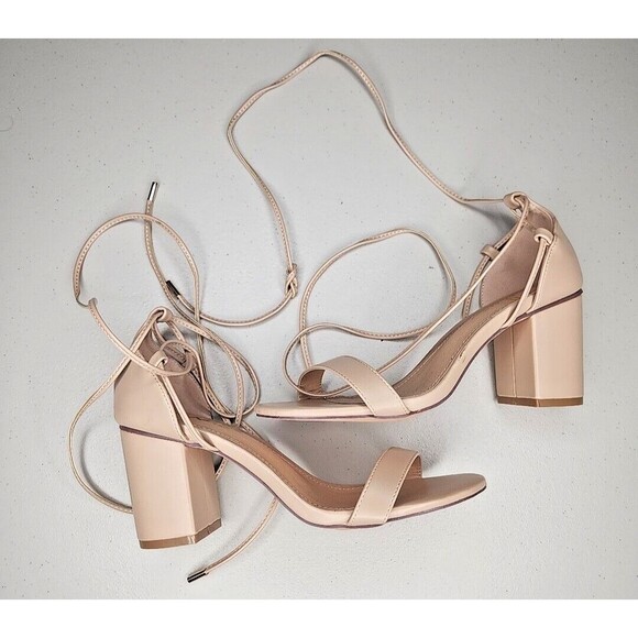 Lulus Neutral Wrap Nude Lace Up Gladiator Block Heel Sandals Heels 9 EUC - Picture 7 of 8